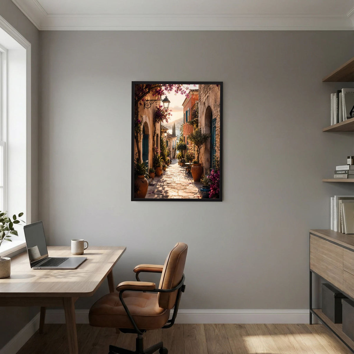 Poster im schwarzen Rahmen: mediterrane Gasse mit Blumen, Hochformat über Tisch