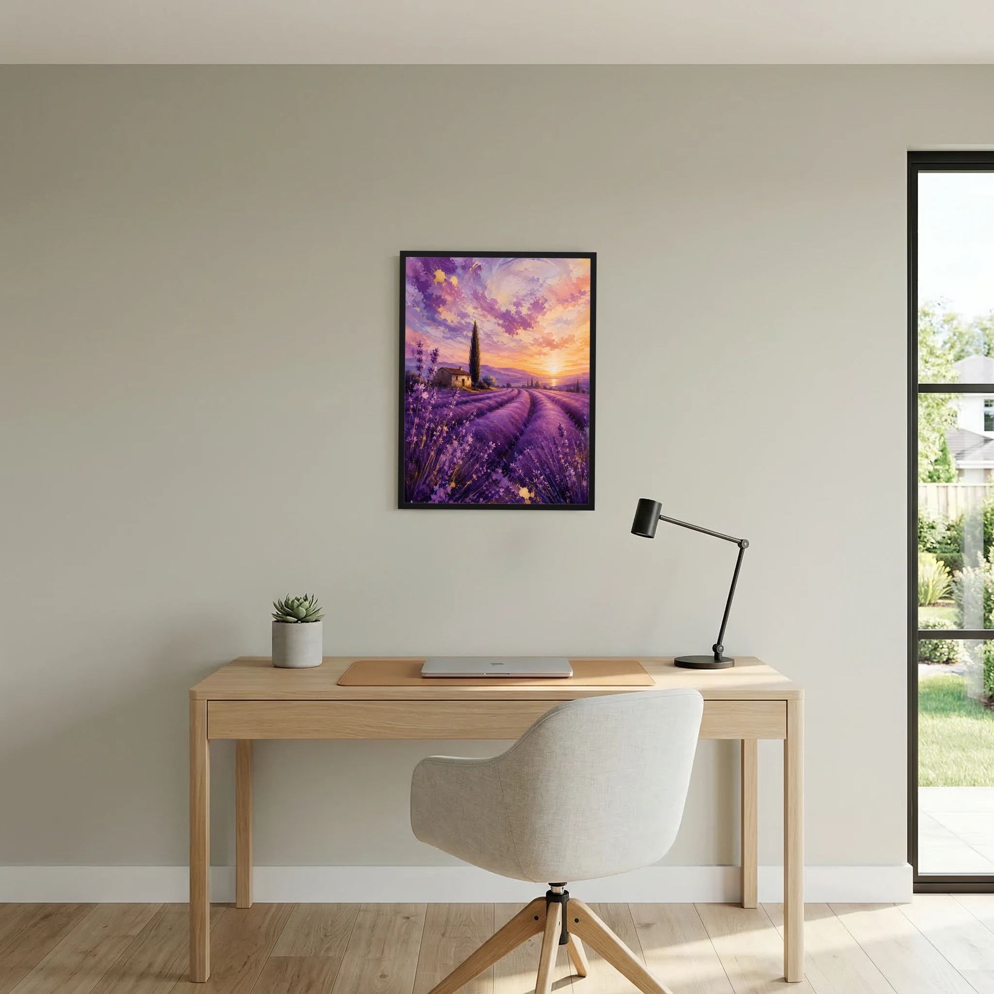Gerahmtes Hochformat-Poster mit lila Lavendel und Kirchturm vor gold-orangem Abendhimmel