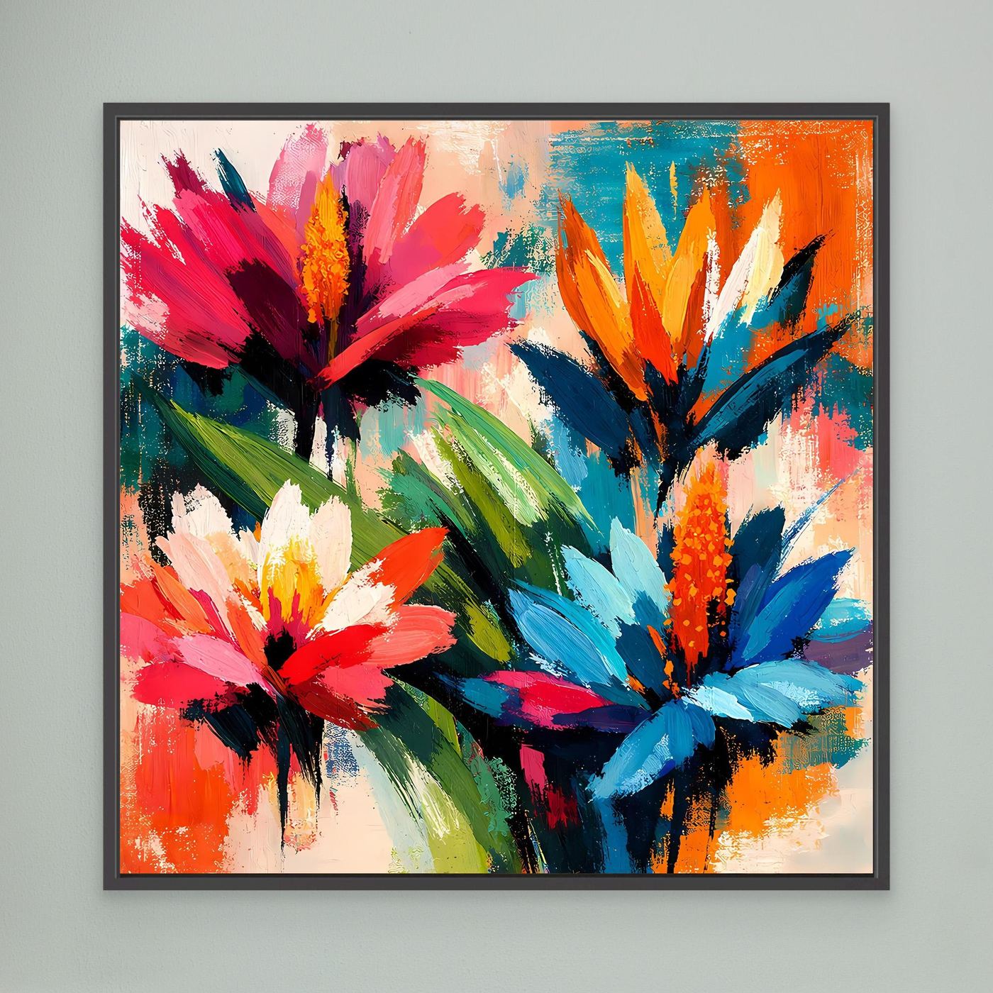 Canvas abstract tropical flower wall art with dark frame, multicolor blossoms