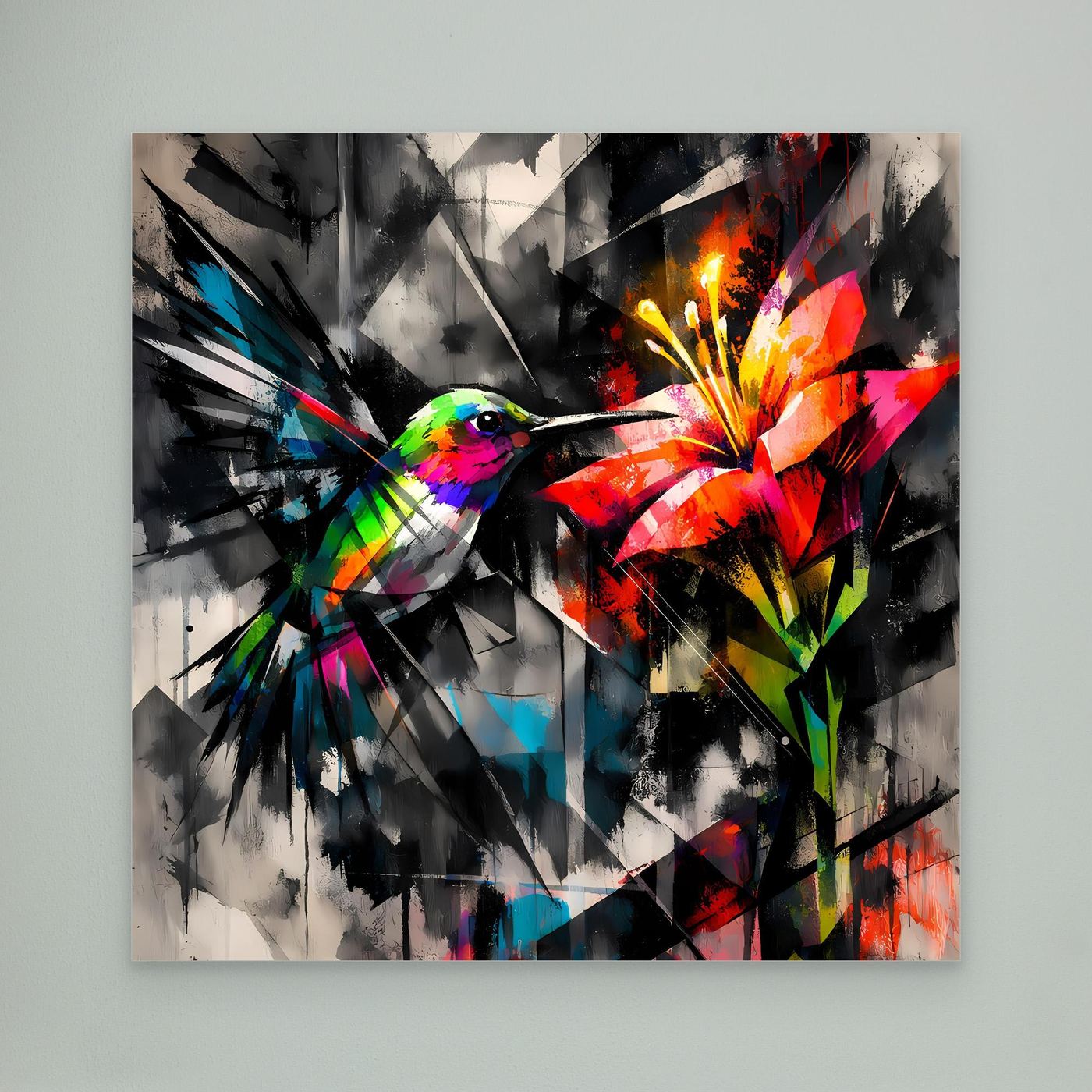Leinwandbild Farbintensiver Kolibri | Abstraktes Geometrisches Wandbild auf Keilrahmen