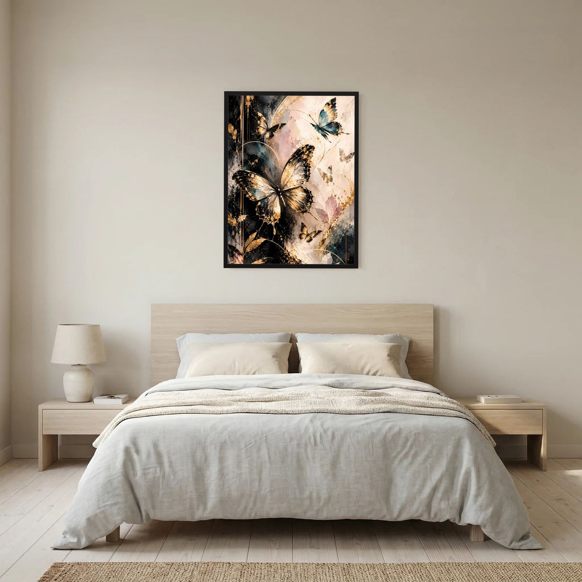 Hochformat-Poster mit Schmetterlingen in Gold, Schwarz und Blau, im schwarzen Rahmen