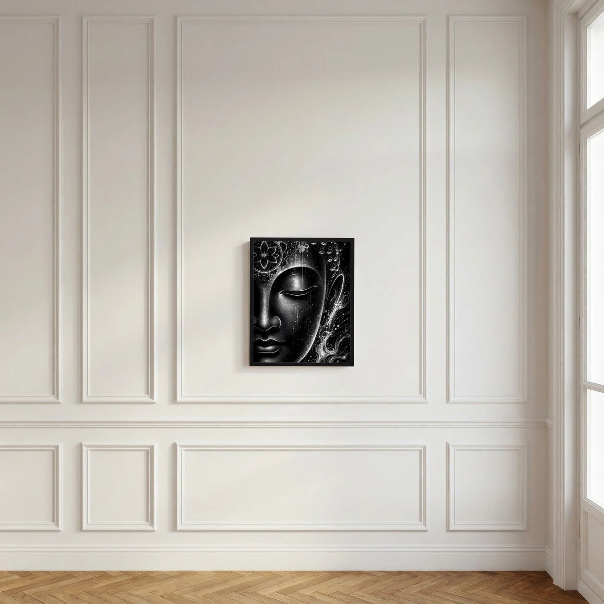 Schwarz gerahmtes Buddha-Poster im Hochformat in Schwarzweiß, ruhiges Gesichtsmotiv