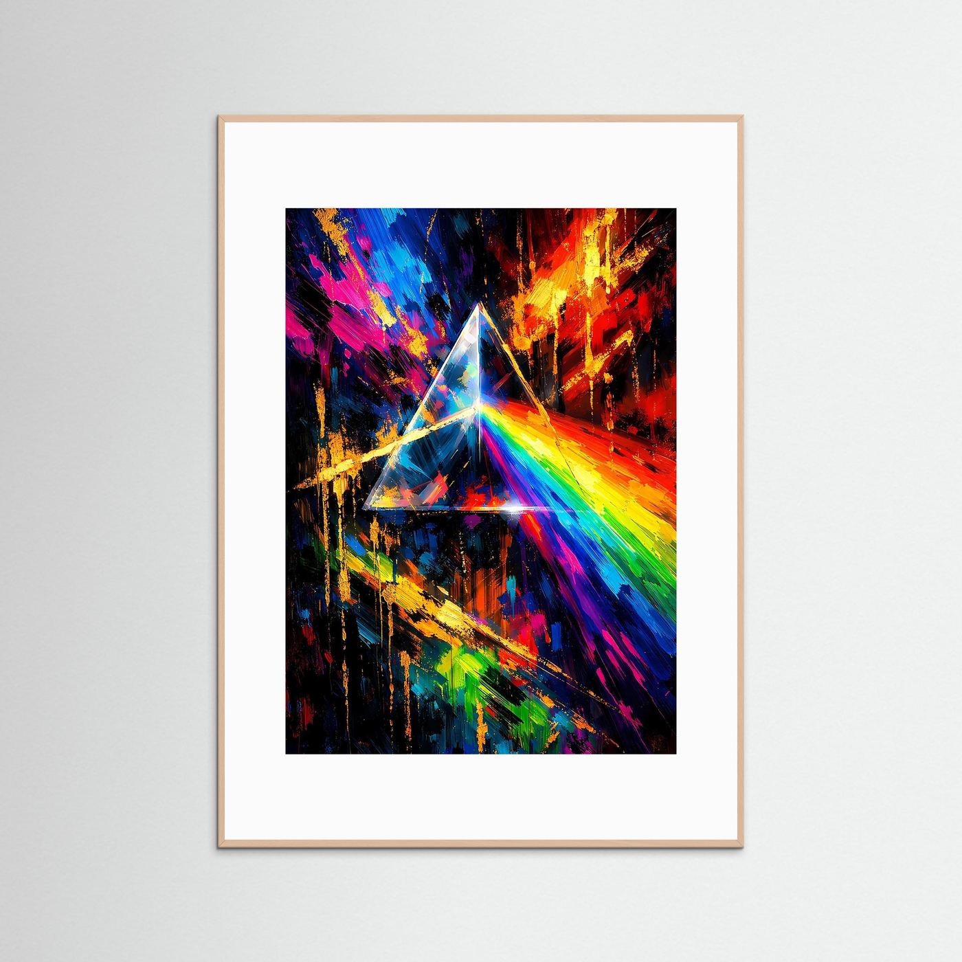 Abstraktes Prisma-Poster, heller Holzrahmen, Regenbogenstrahl über dunklem Motiv