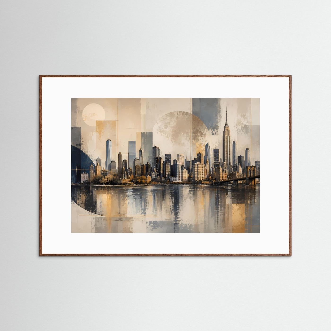 Moderne Skyline von New York in Beige & Gold | Architektur & Stadt-Wandbild