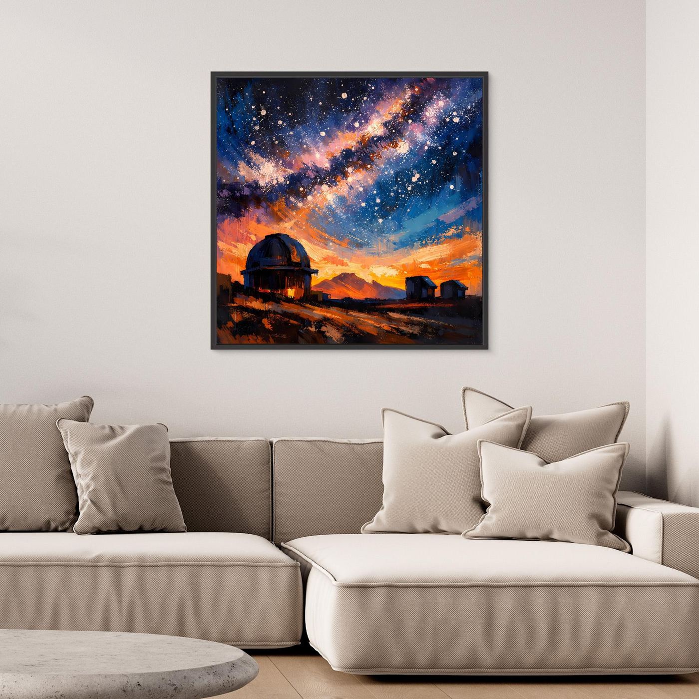 Quadratisches Leinwand-Wandbild der Sternwarte mit blauem Sternenhimmel und orangefarbenem Licht