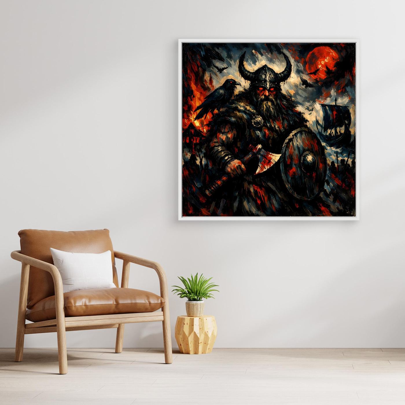 Leinwand Düsterer Wikinger-Krieger unter dem Blutmond | Expressives Nordmann Wandbild