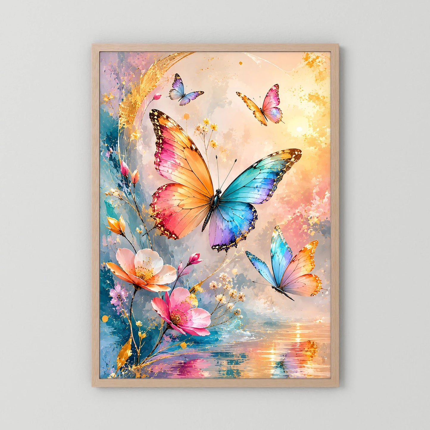 Schmetterlingsposter im Hochformat mit bunten Schmetterlingen und Blüten im hellen Holzrahmen
