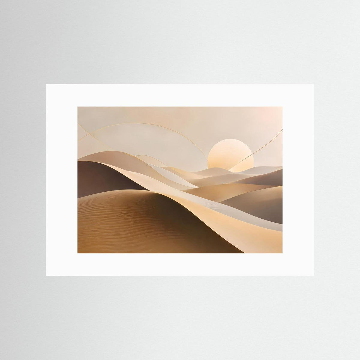 Querformat-Poster mit weißem Passepartout und Wüstendünen in Beige und Braun.
