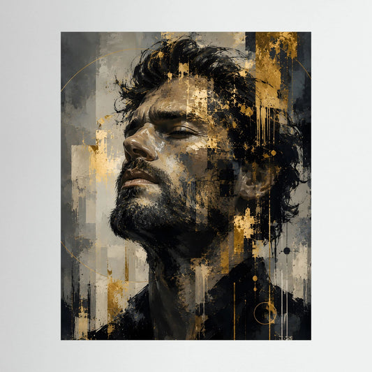 Abstraktes Männer-Kunstposter (Hochformat) mit Gesicht in Schwarz, Grau und Goldspritzern