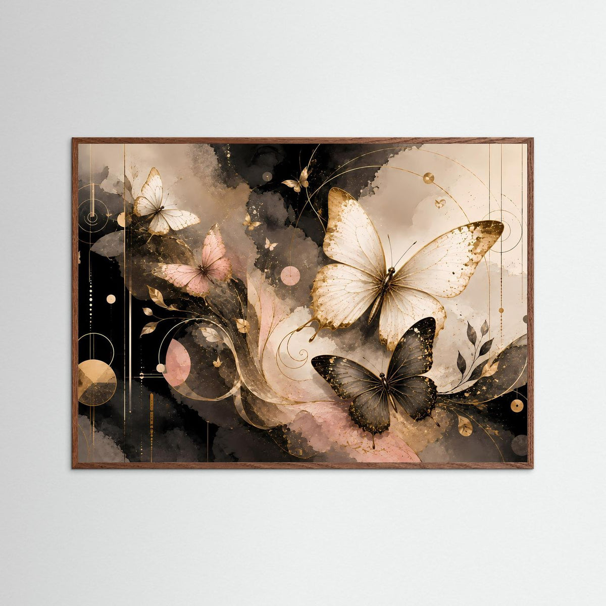 Abstraktes Schmetterlings-Wandbild im Querformat mit dunklem Eichenrahmen, Schwarz, Creme, Rosé, Gold