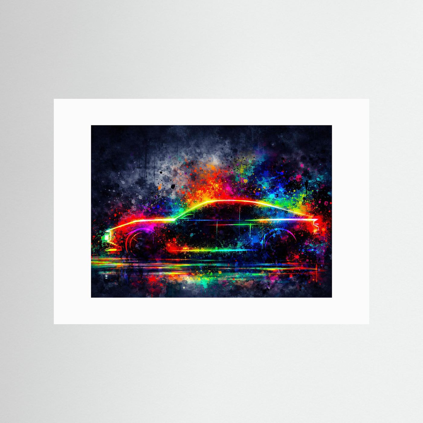 Neon Auto-Silhouette im Farbexplosion-Stil | Minimalistische Sportwagen Kunst Poster Querformat