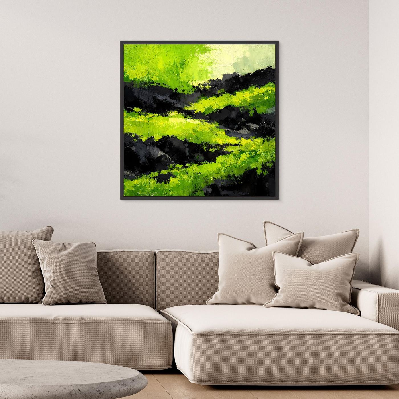 Abstraktes Leinwand-Wandbild mit moosgrünen und schwarzen Farbflächen im schwarzen Rahmen