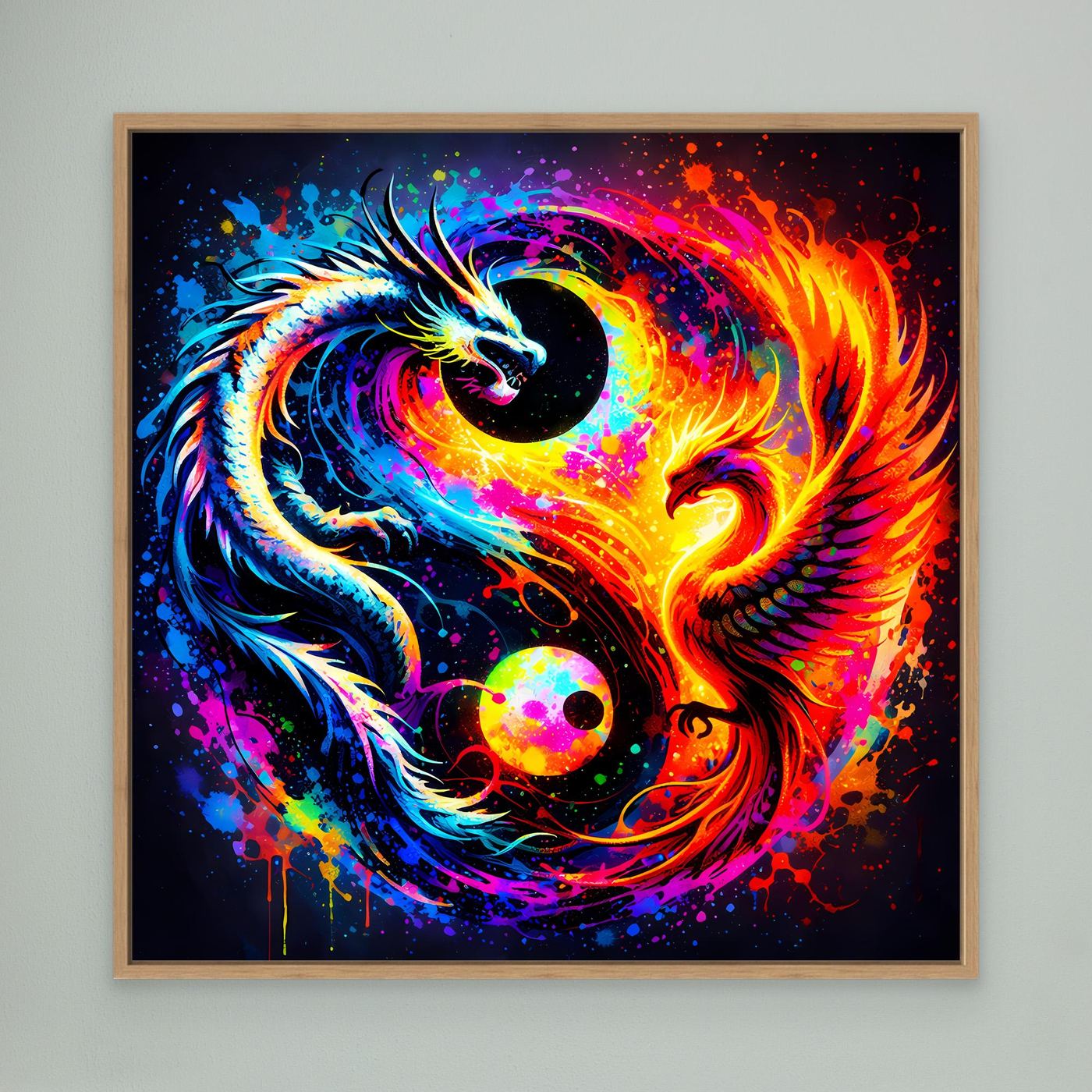 Leinwandbild mit Drache-und-Phönix-Yin-Yang-Motiv, bunt, mit hellem Holzrahmen