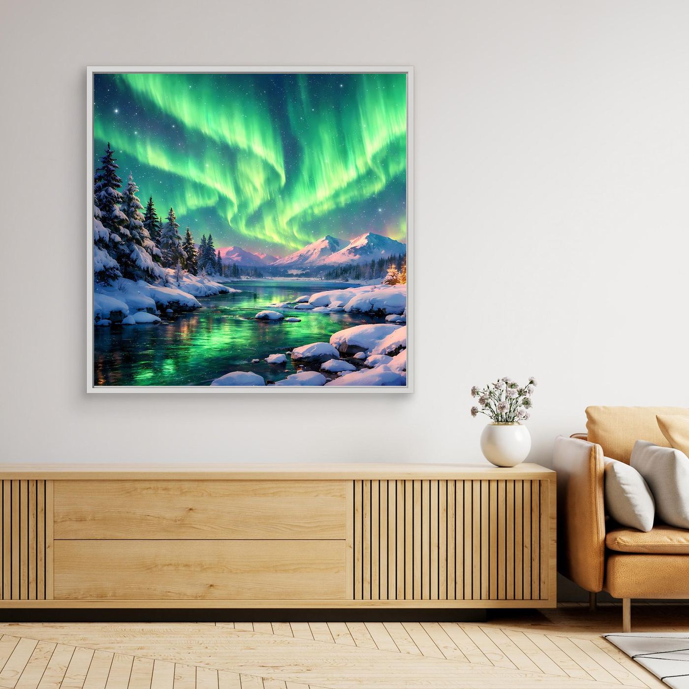 Leinwandbild Magische Polarlichter | Winterliche Polarlicht-Nacht Wandbild auf echtem Holzkeilrahmen