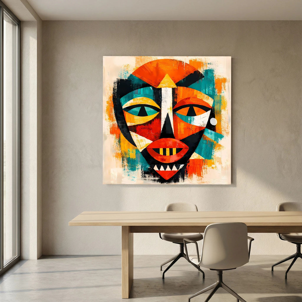 Abstrakte Maske auf Leinwand mit roten Lippen, türkisfarbenen Flächen und schwarzen Formen