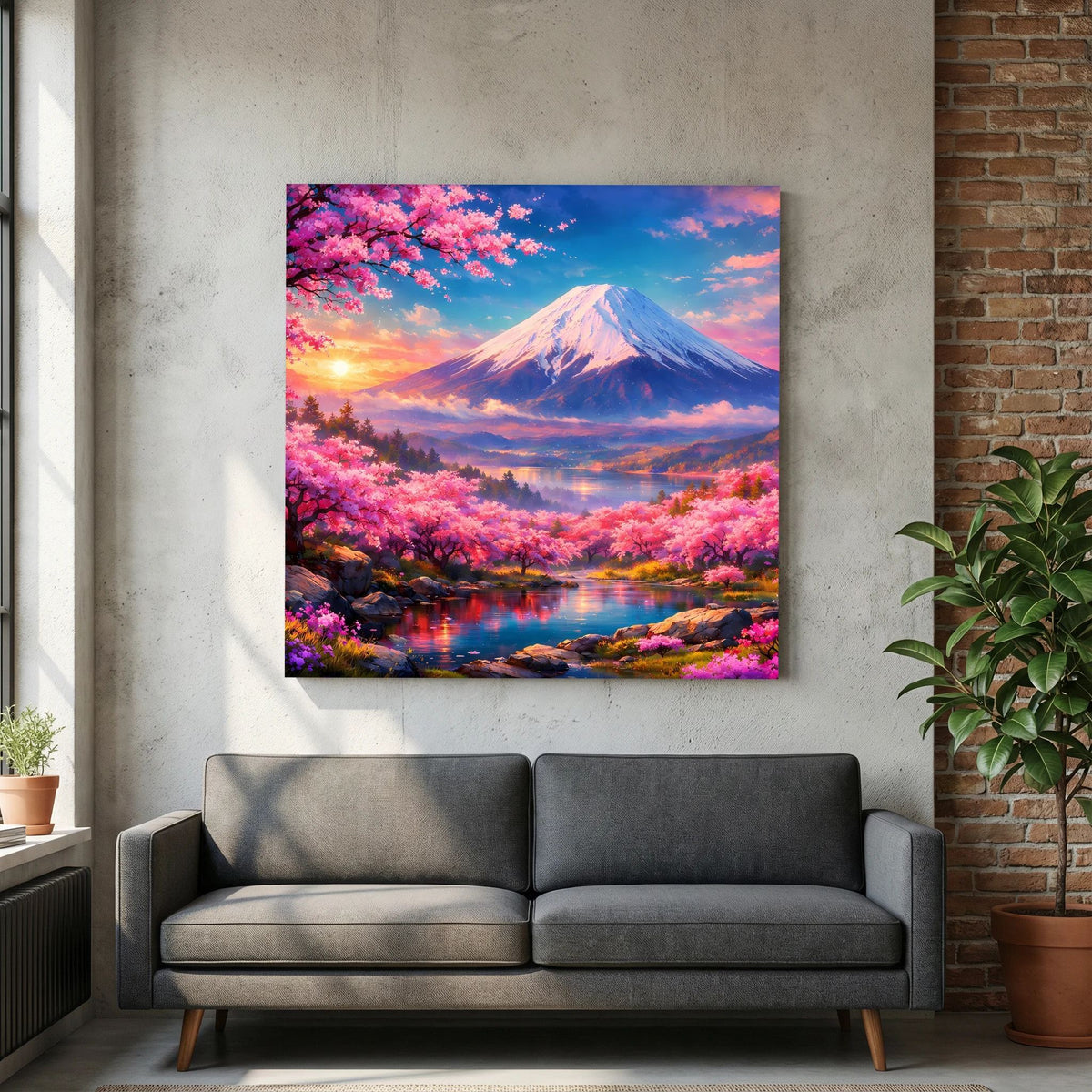Quadratisches Leinwandbild auf Holzkeilrahmen: Fuji im Sonnenaufgang, rosa Kirschblüten und Bachlauf