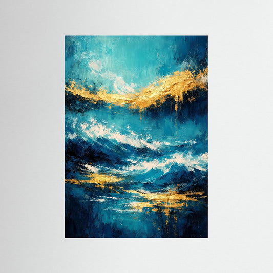 Abstraktes Kunstposter mit Meereswellen in Türkis, Tiefblau und Gold, Hochformat