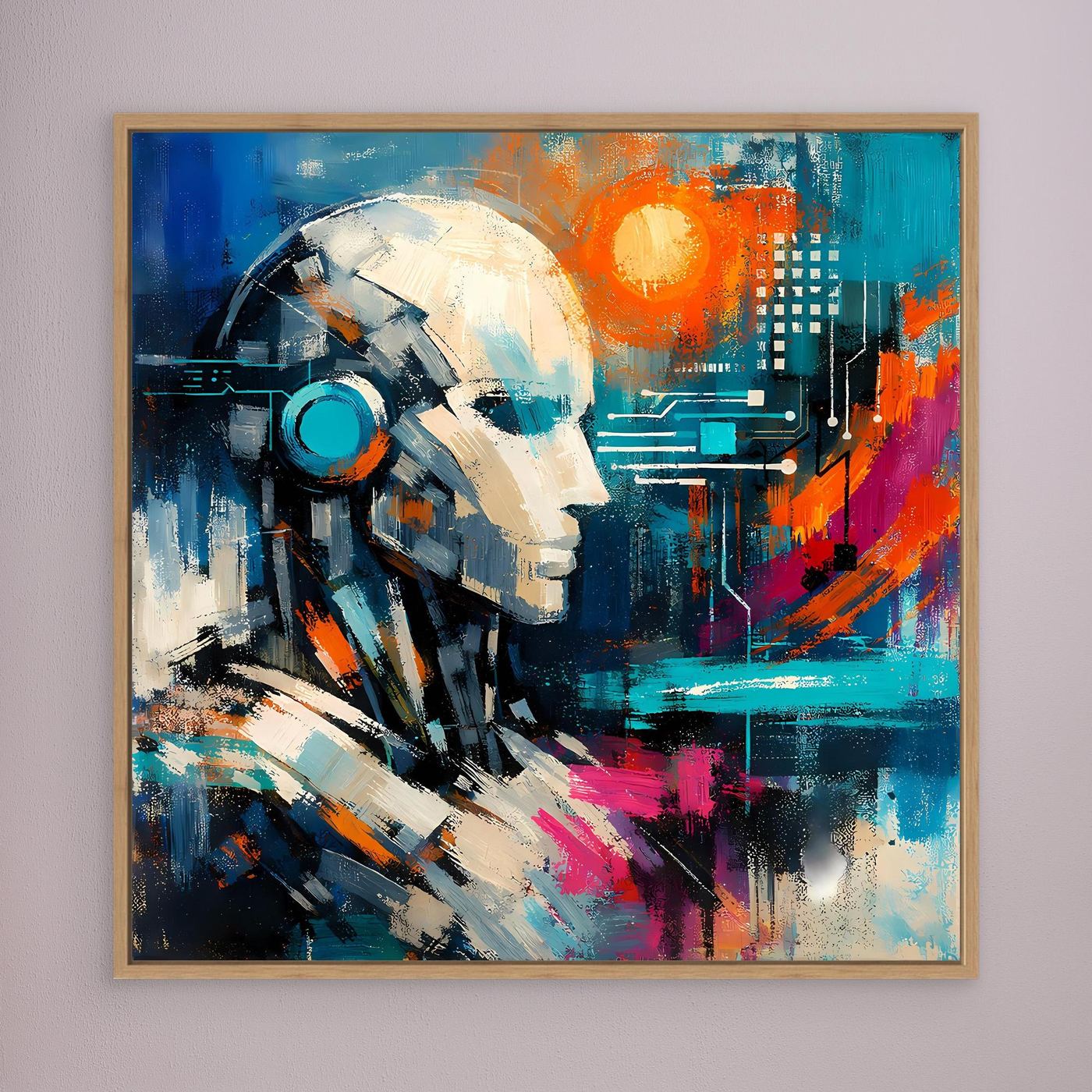 Abstract robot face canvas with blue, orange, and magenta paint strokes in an oak frame