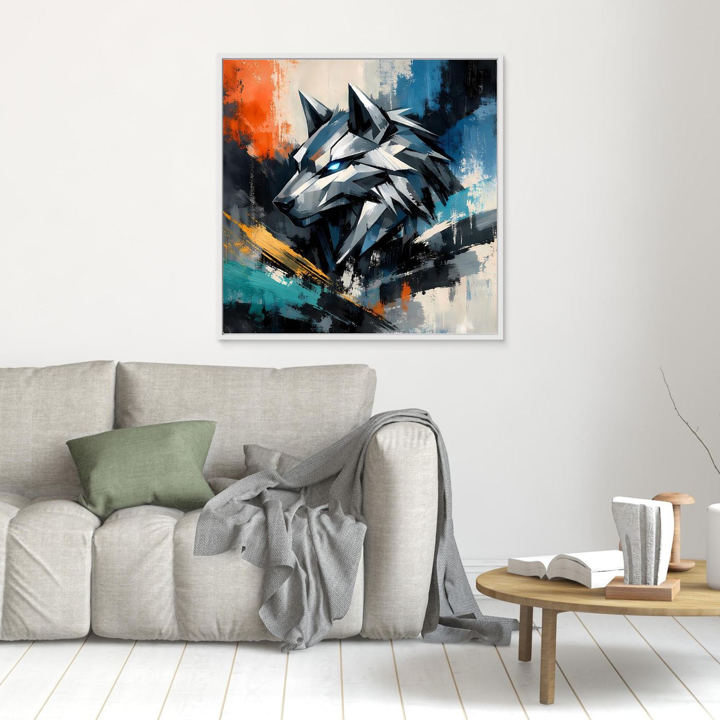 Leinwand-Wandbild mit geometrischem Cyber-Wolf, weißer Rahmen