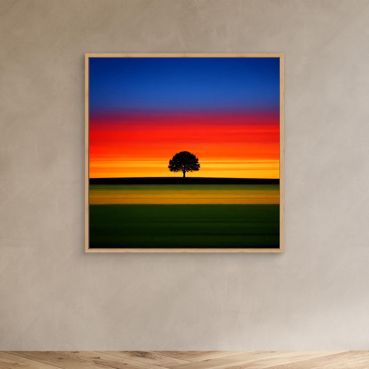 Leinwandbild: Sonnenuntergang mit Baum-Silhouette, Holzrahmen