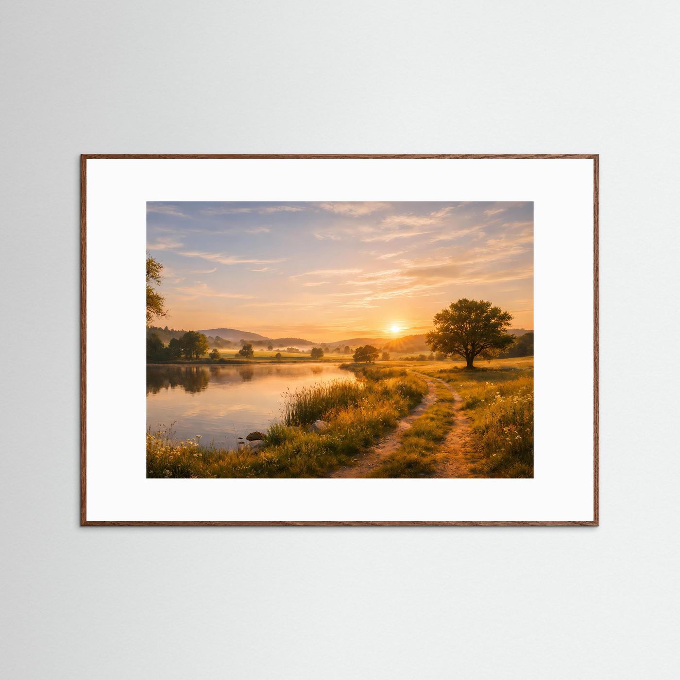 Naturposter mit Flusslauf und Sonnenaufgang, dunkelbrauner Holzrahmen im Querformat