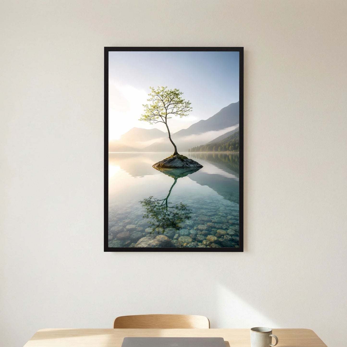 Einsamer Baum im Bergsee | Minimalistische Natur mit Spiegelung | Poster Hochformat