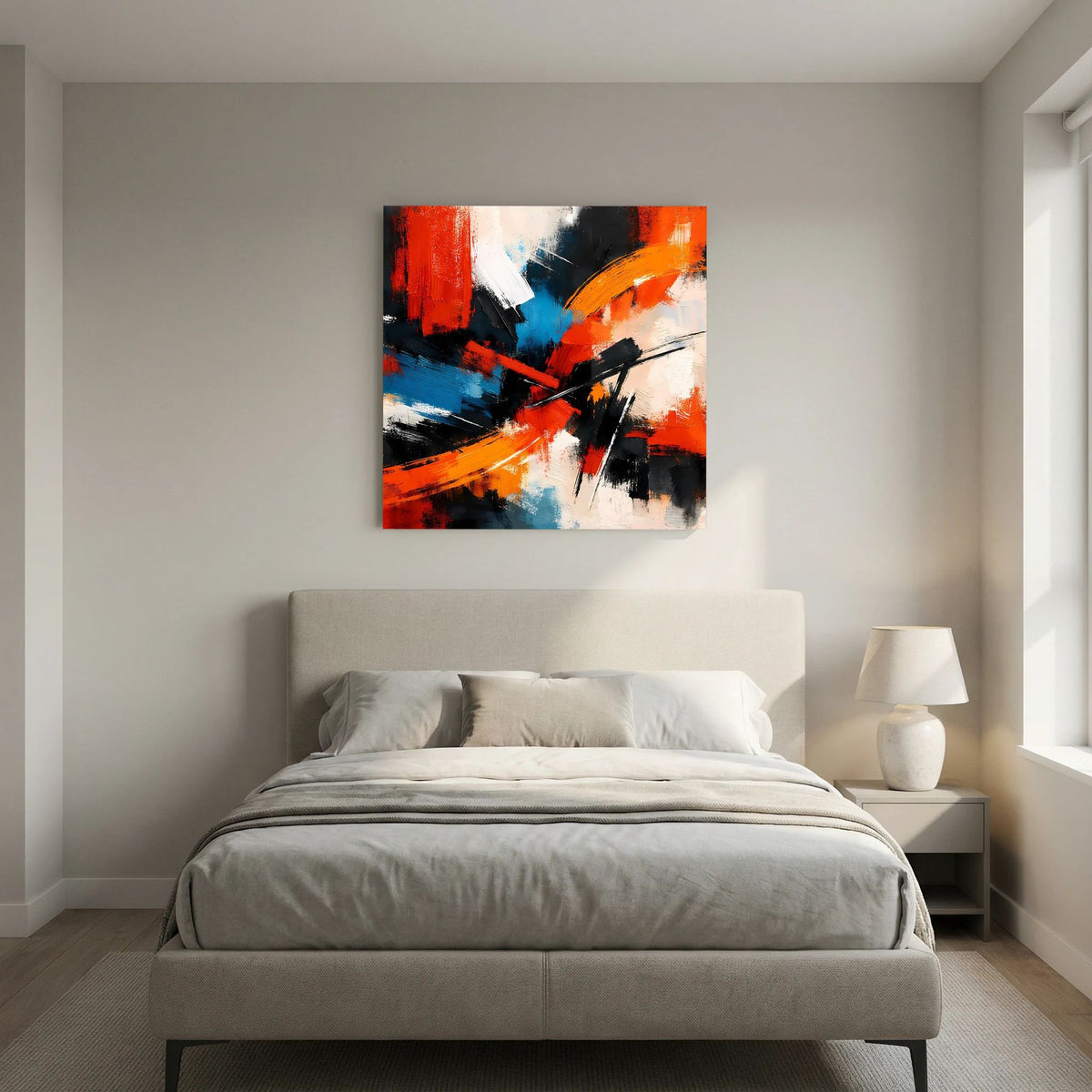 Abstraktes Leinwandbild auf Holzkeilrahmen in Rot, Blau, Schwarz und Orange mit Pinselstrichen