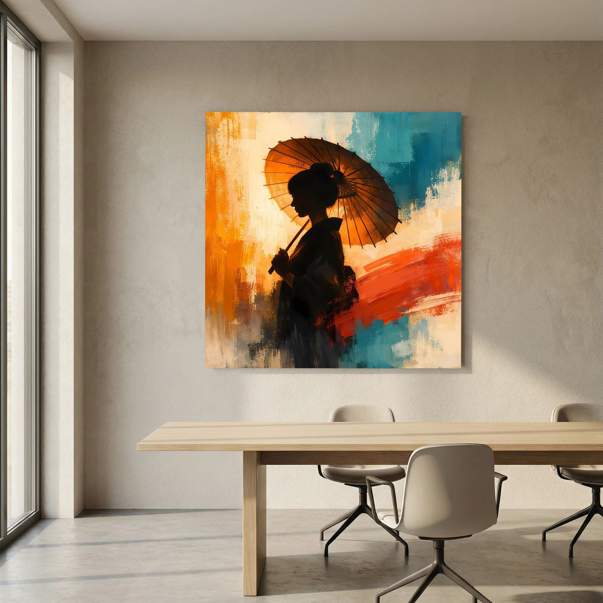 Keilrahmen-Leinwand, Nahansicht: Silhouette einer Frau mit Sonnenschirm, orange und blau