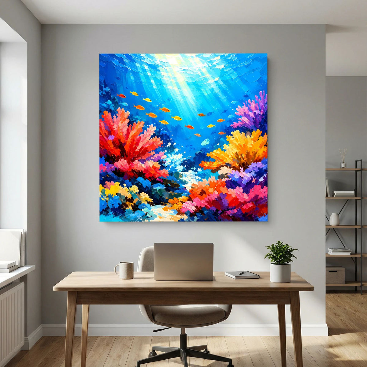 Quadratisches Leinwandbild mit Unterwasser-Korallenriff, bunten Fischen und blauem Lichtkegel