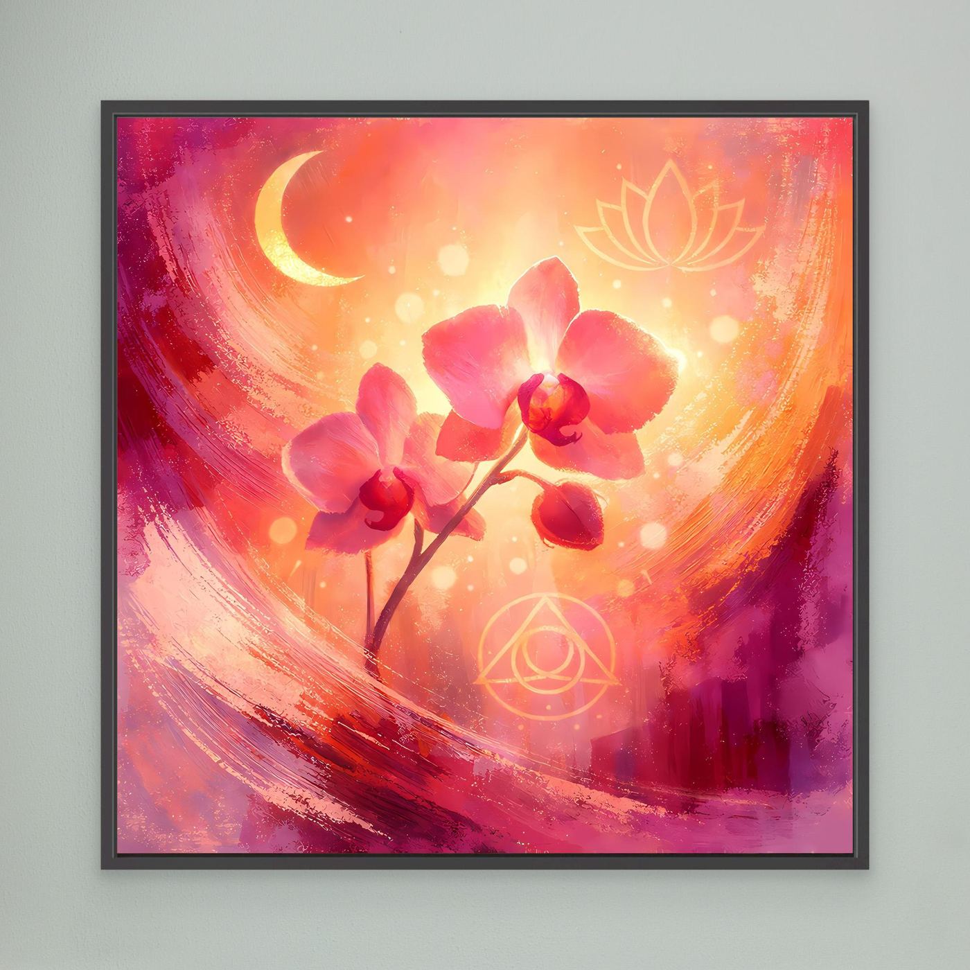 Wandbild mit abstrakten Orchideen, Mondsichel und Lotus-Symbolen, im schwarzen Rahmen
