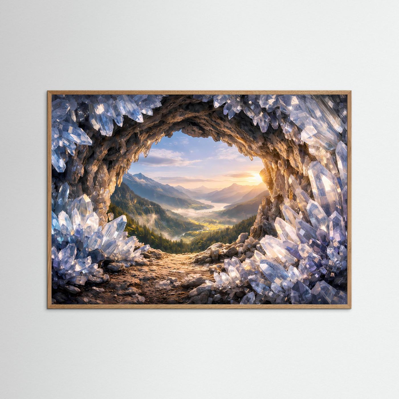 Gerahmtes Poster im Querformat: Naturpanorama durch die Kristallhöhle mit Sonnenlicht