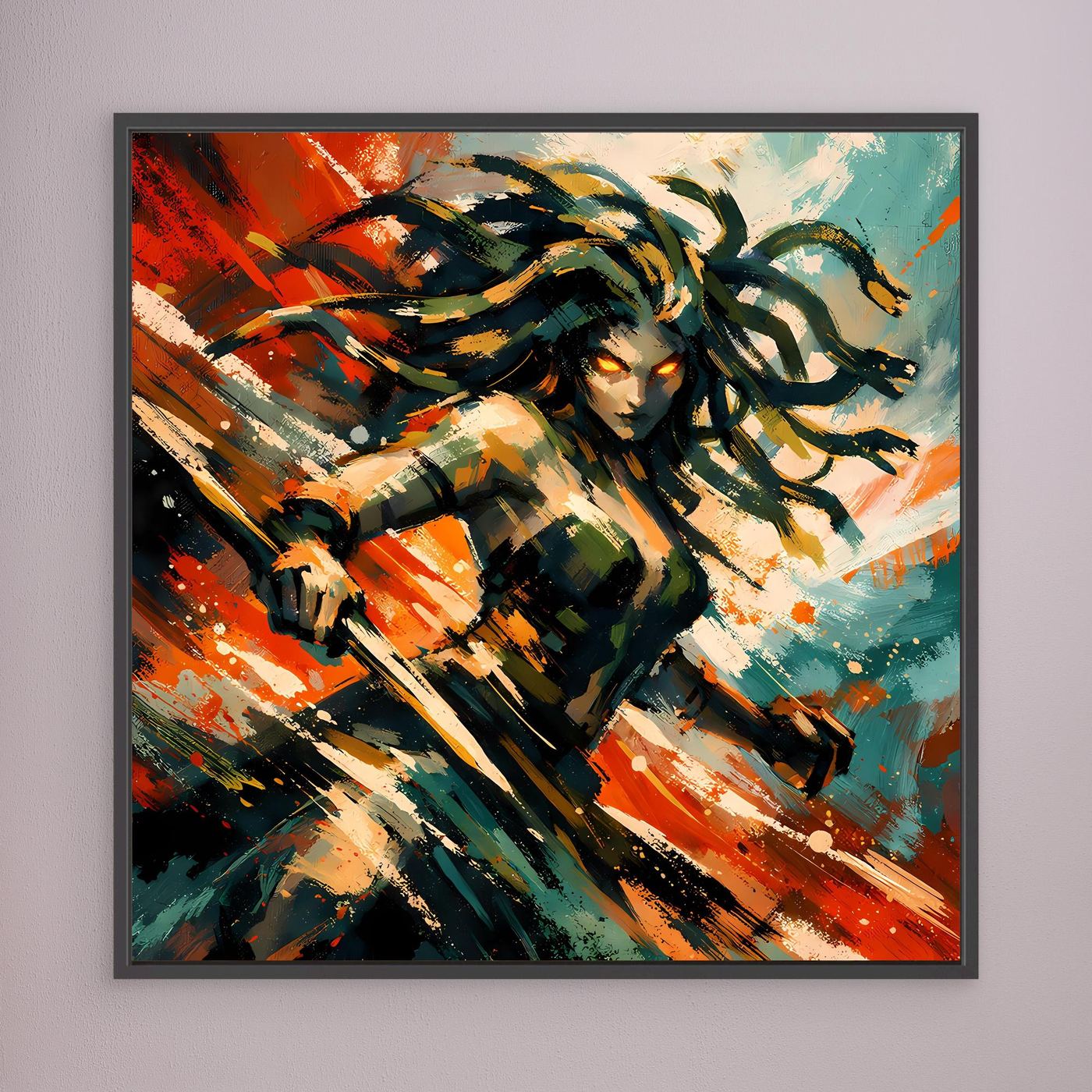 Leinwand Mythische Medusa im Action-Stil | Dynamisches Wandbild auf echter Leinwand