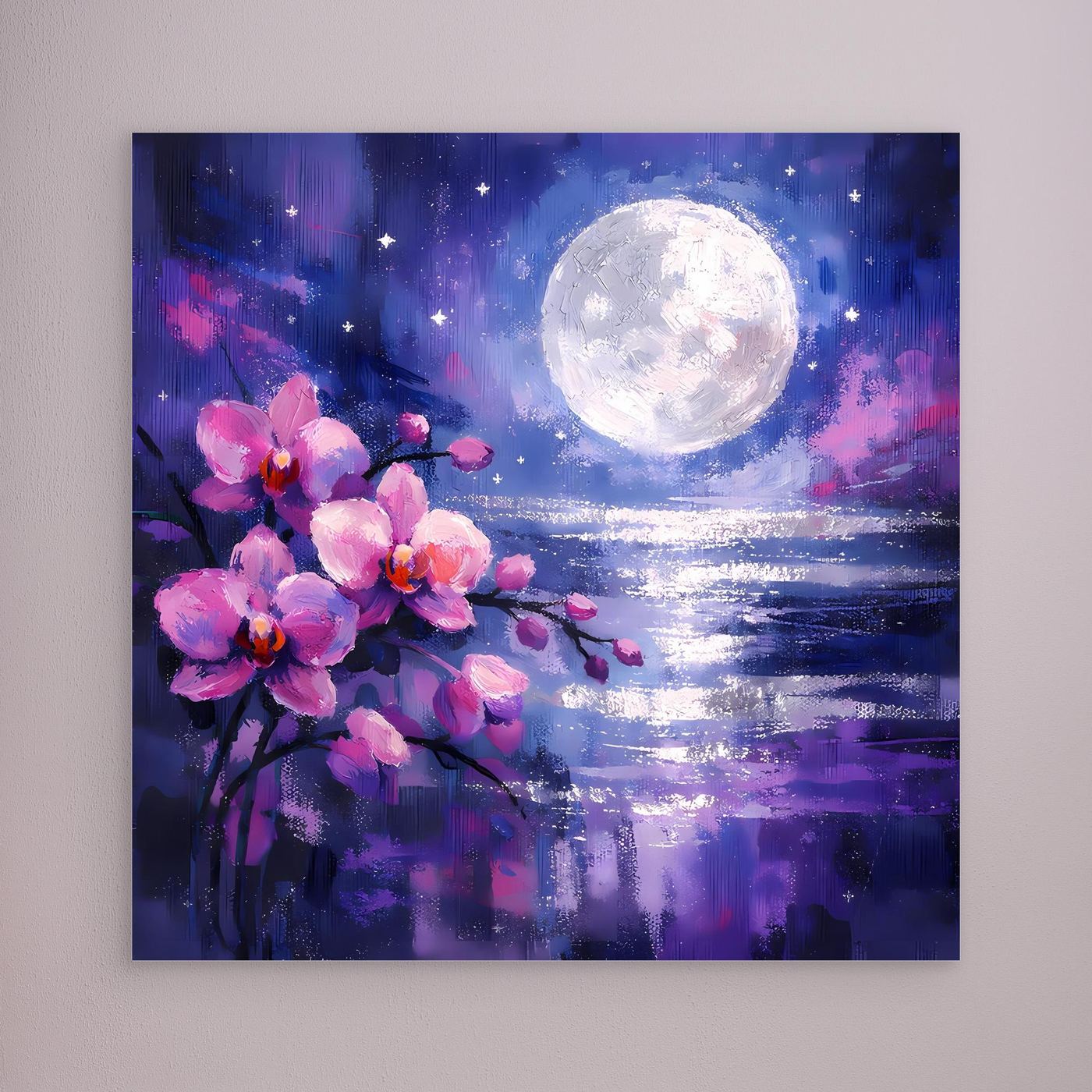 Wandbild ohne sichtbaren Rahmen: pinke Orchideenblüten vor Mondschein über Meer