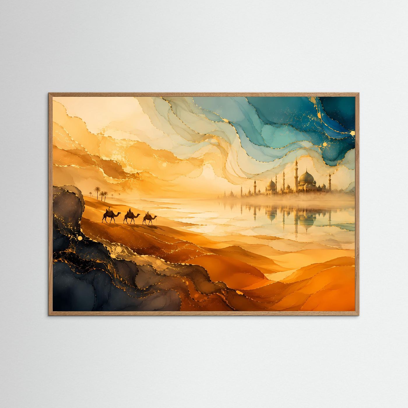 Orientalische Wüstenoase mit Palast | Goldene Karawane & Wüstenlandschaft – Abstrakte Wandkunst