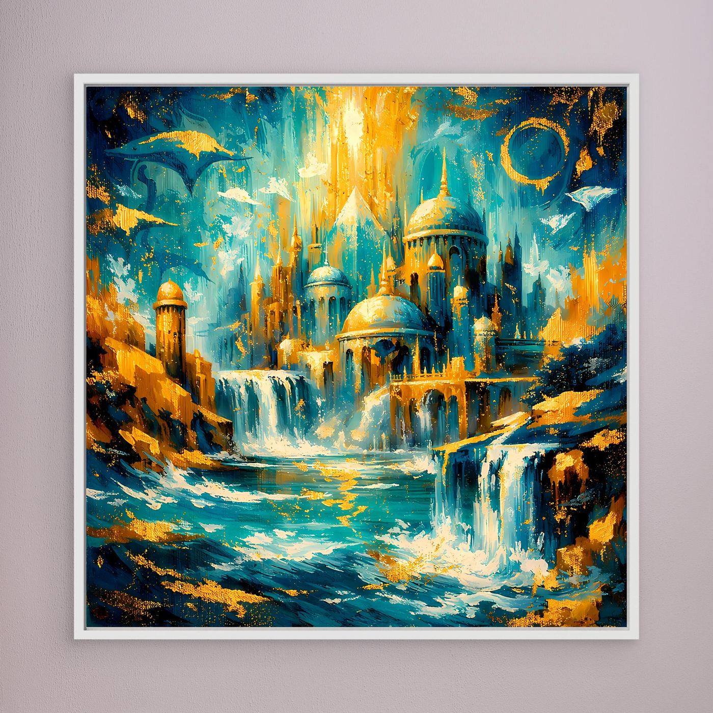 Leinwandbild mit abstrakter Fantasystadt, türkis und gold, weißer Rahmen