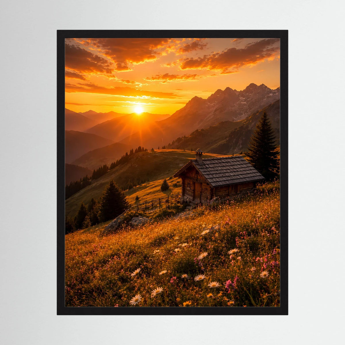 Gerahmtes Hochformat-Poster mit Alpenhütte bei Sonnenuntergang und Berglandschaft im Orange