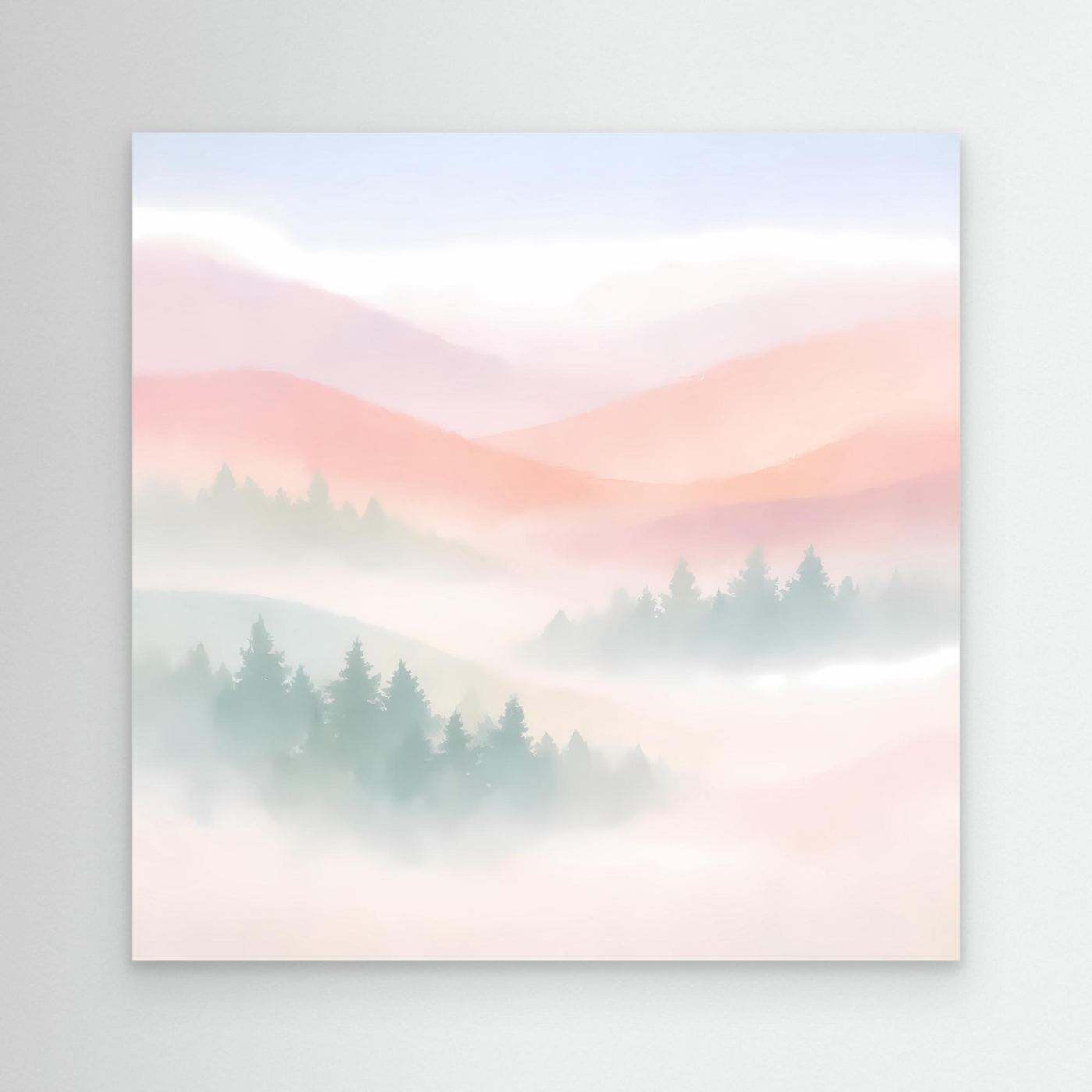 Leinwandbild mit nebligem Berggipfel, Pastellfarben und Baum-Silhouetten