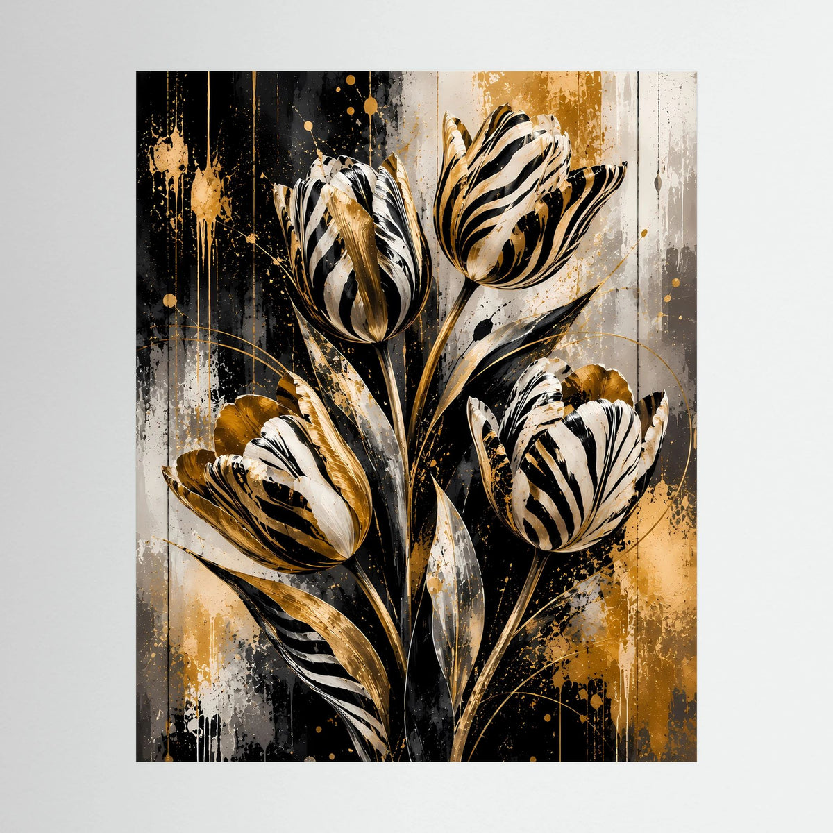 Abstraktes Tulpen-Poster in Schwarz, Weiß und Gold mit goldenen Spritzakzenten