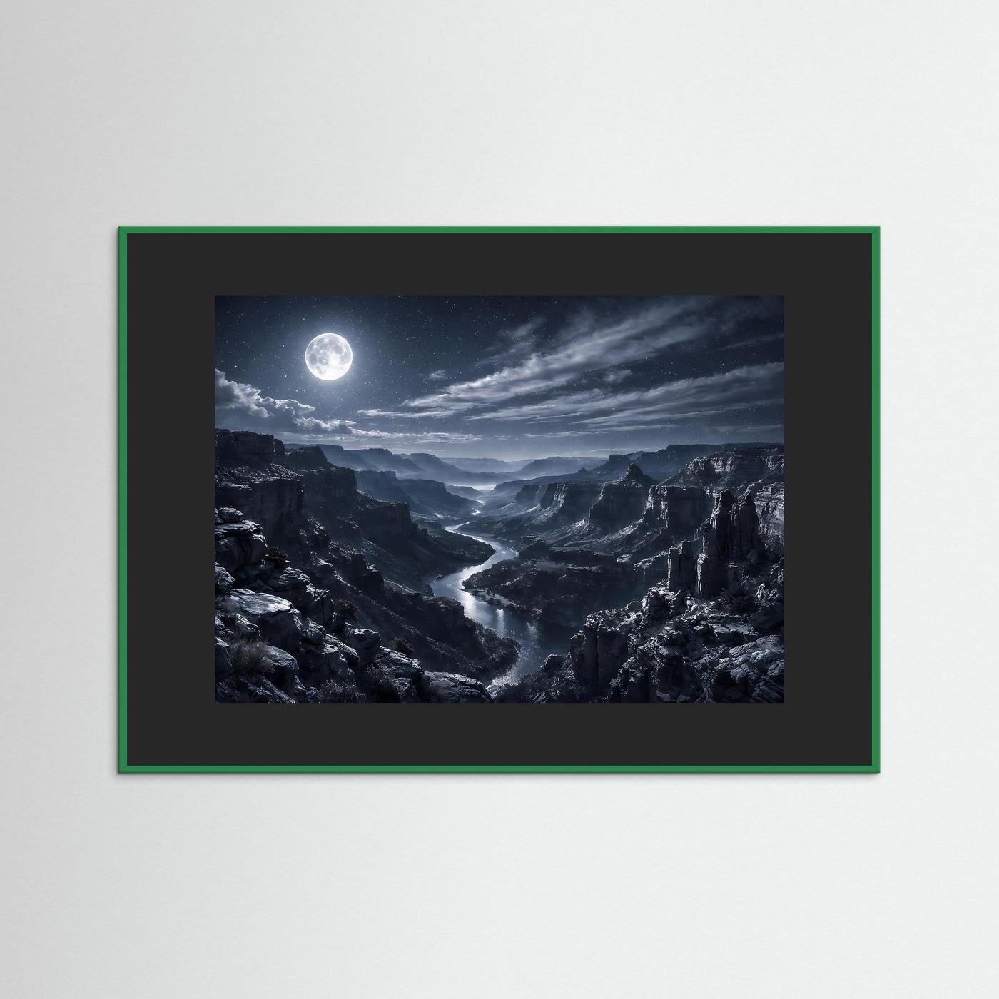 Wandbild: Canyon bei Mondschein, dunkle Felsenlandschaft mit hellem Mond, im grünem Rahmen
