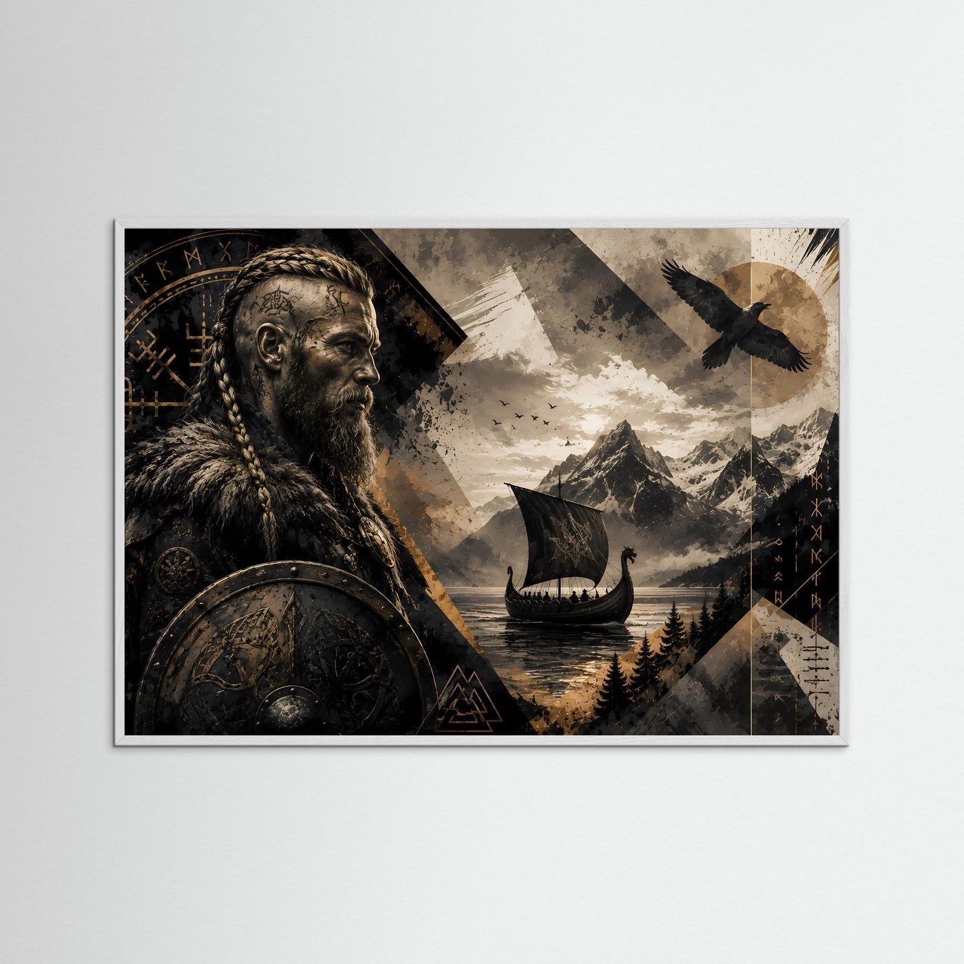 Wandposter mit Wikingerkrieger, Langschiff und Rabenmotiv, Querformat, im Rahmen.