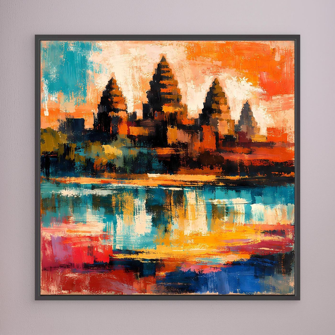 Wandbild mit abstrakter Maya-Pyramide und Reflexion, kräftige Farben, schwarz gerahmt.