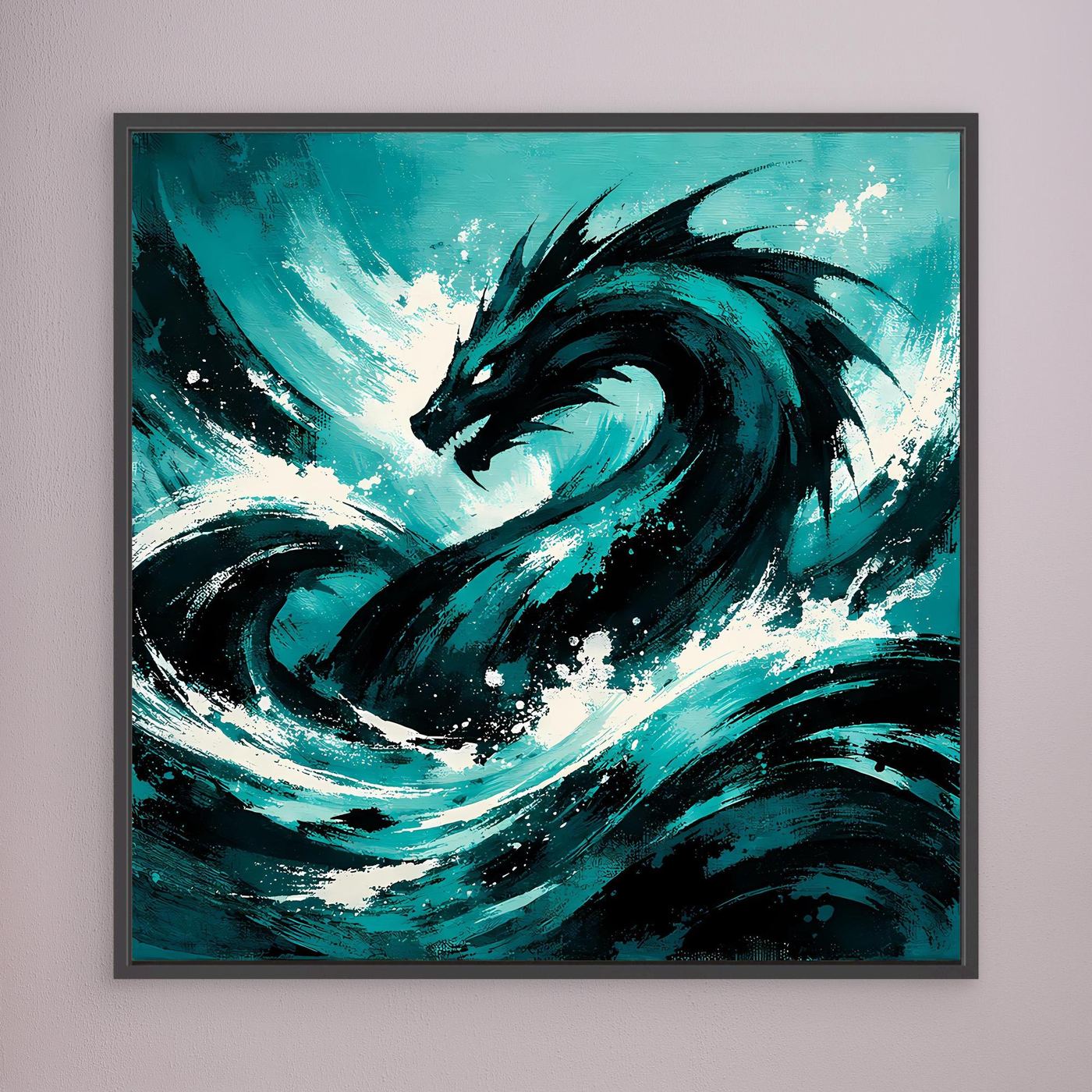 Wandbild mit Seeungeheuer in türkisblauer Welle, dunkler Rahmen