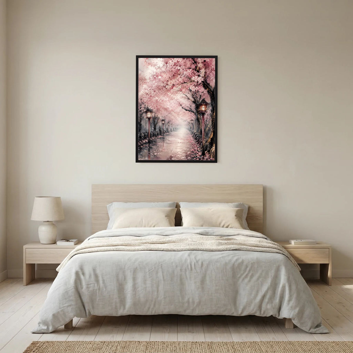 Gerahmtes Poster mit rosa Sakura-Blütenallee und Laternen im Hochformat