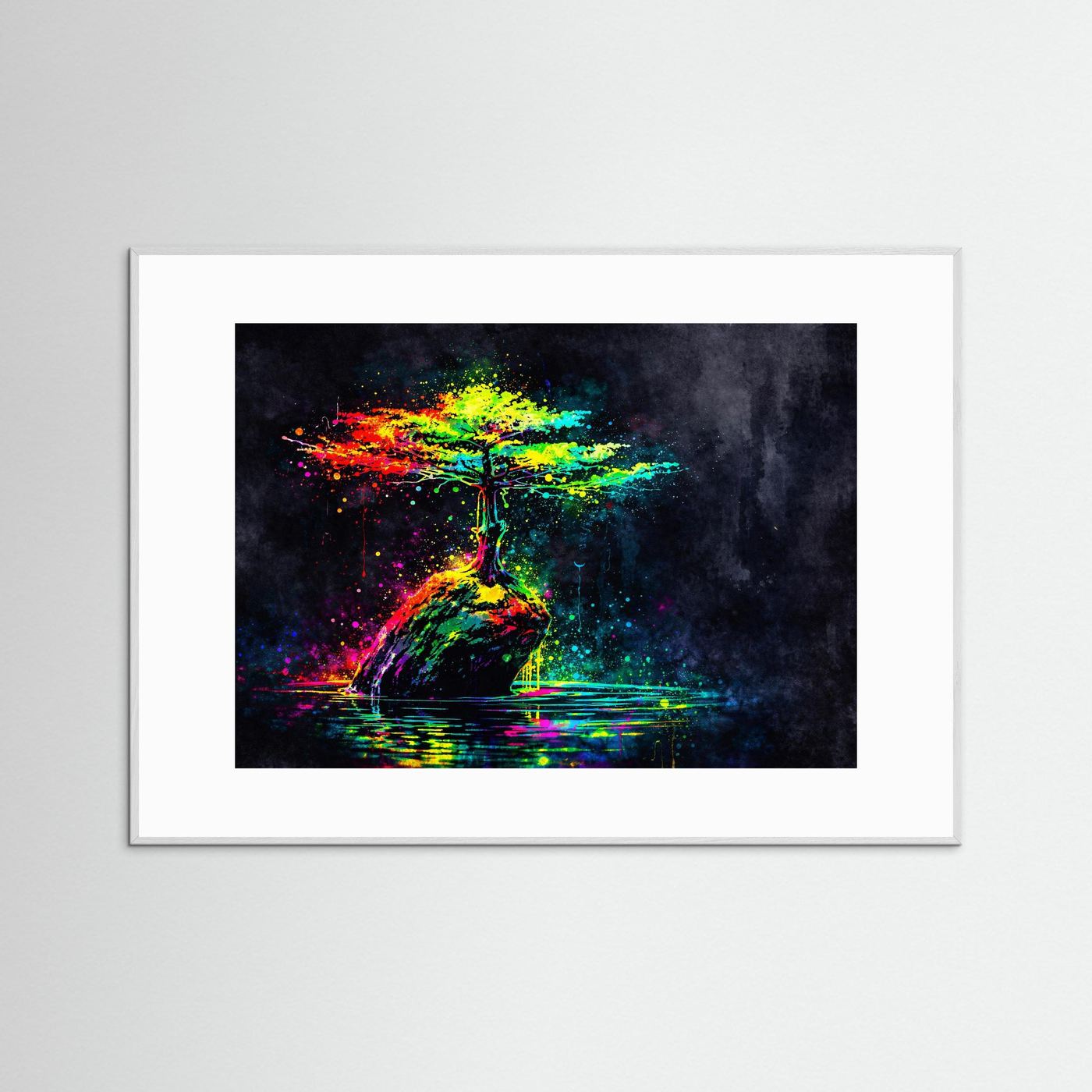 Neon-Wandbild mit Lebensbaum-Motiv auf dunklem Hintergrund, weiß gerahmt