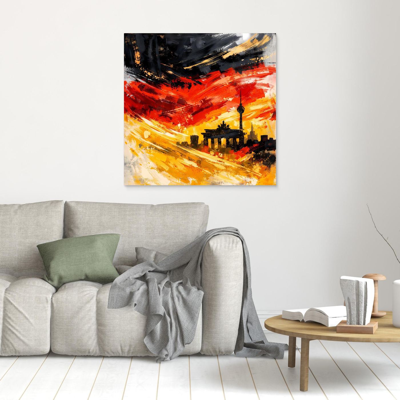 Kleines, gerahmtes Leinwandbild mit abstrakter Skyline: rote und gelbe Pinselstriche, Fernsehturm-Silhouette