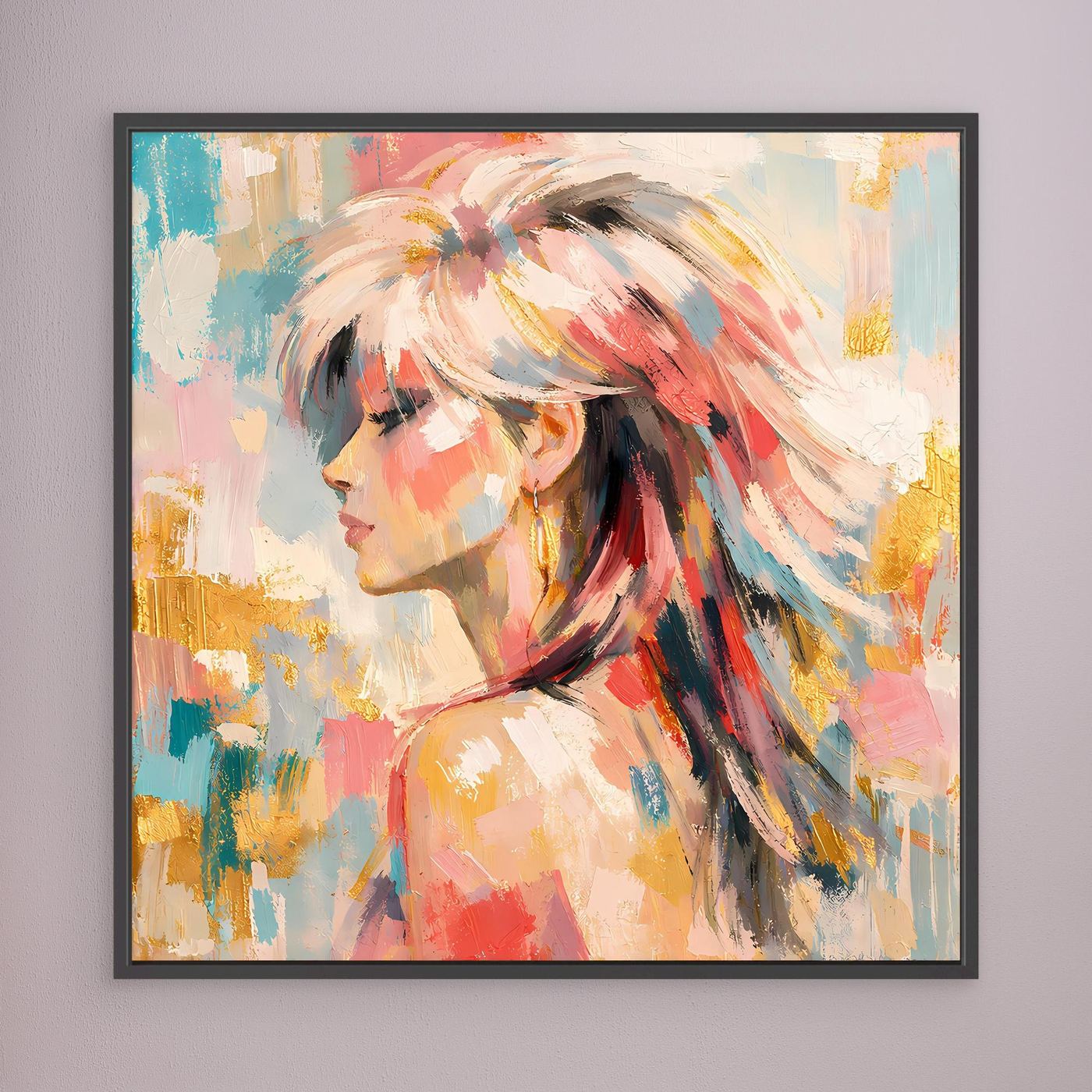 Leinwandbild mit abstraktem Frauenportrait, pastellfarben, schwarz gerahmt