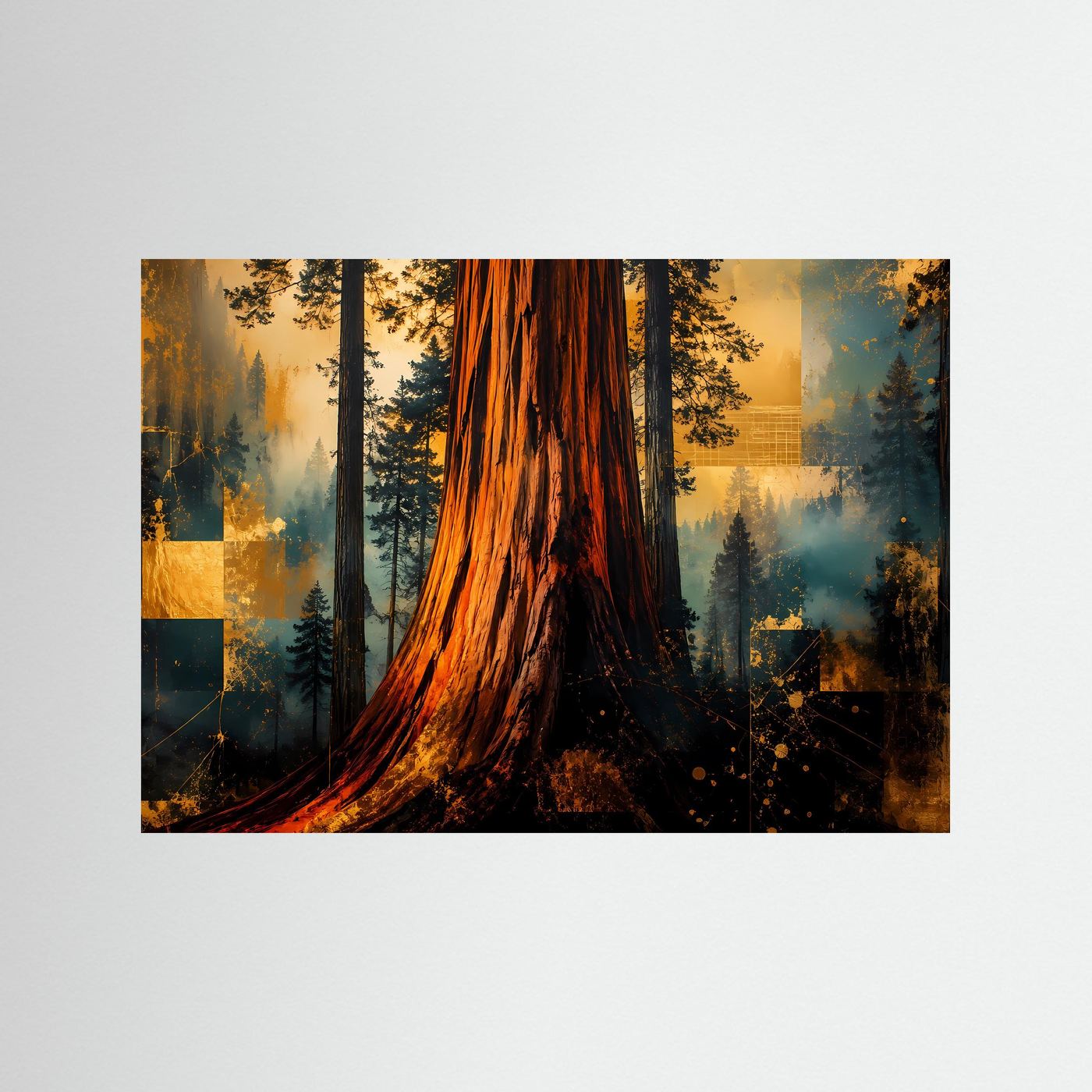 Naturposter mit Mammutbaum im Nebelwald, quer