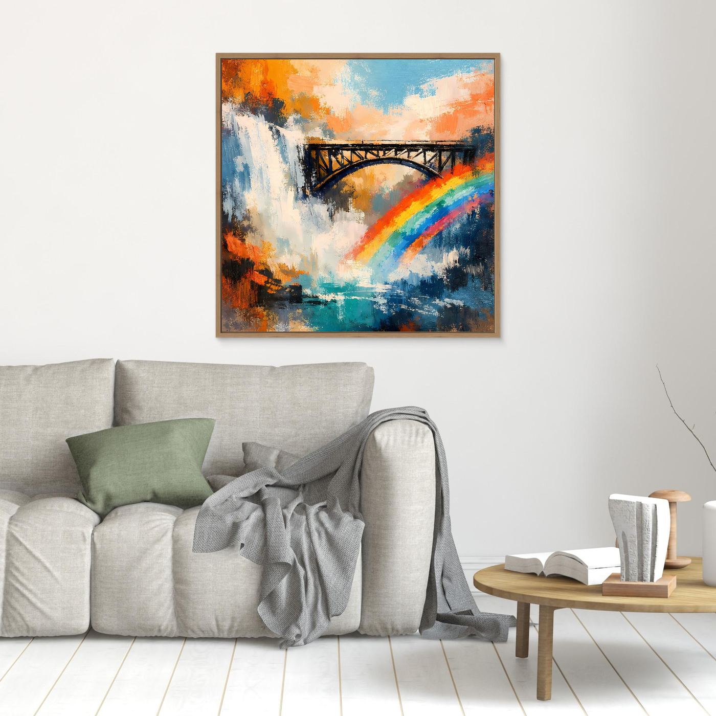 Abstraktes Leinwand-Wandbild: Wasserfall, Brücke & Regenbogen, Holzrahmen, klein