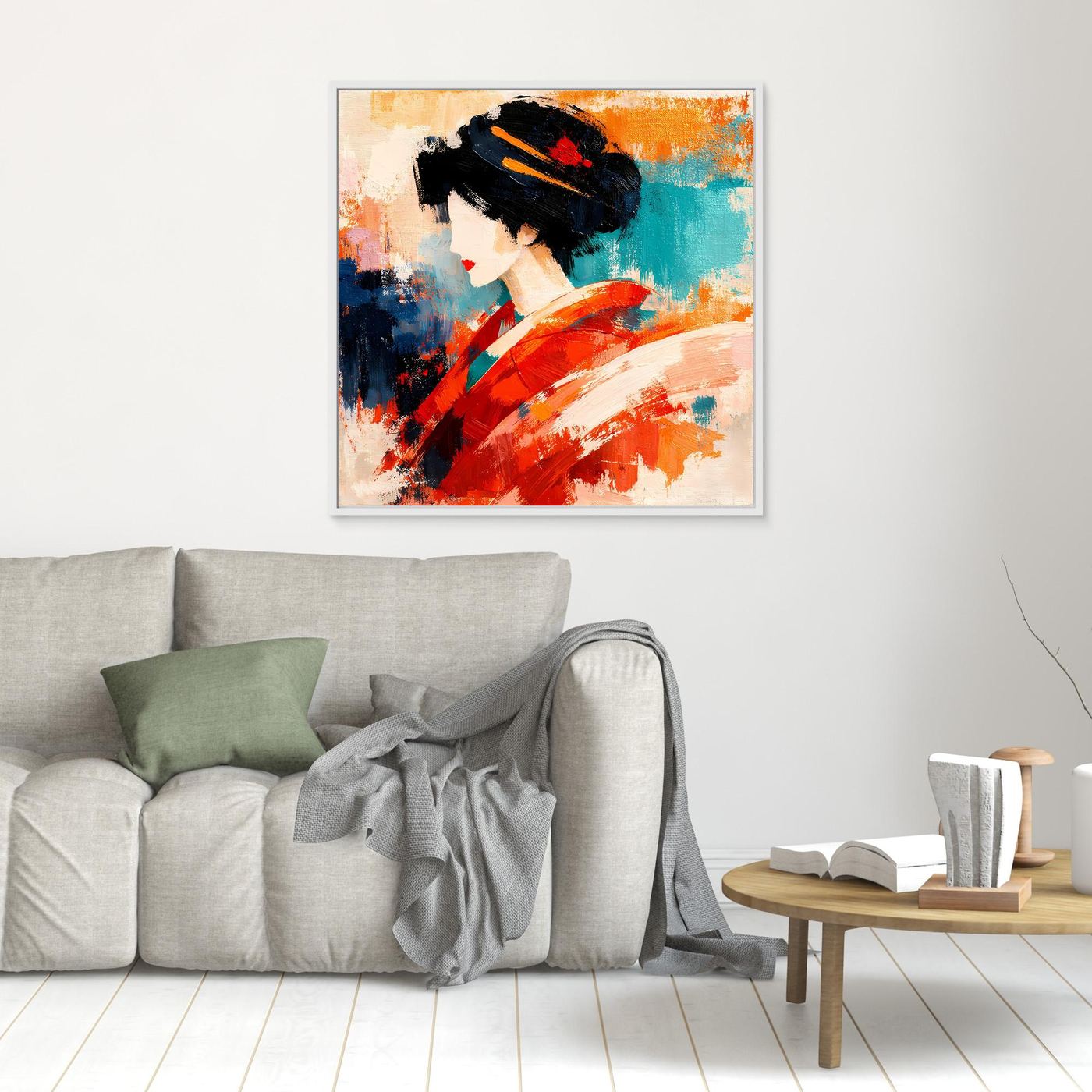 Geisha portrait wall art with light frame, red kimono and teal abstract background