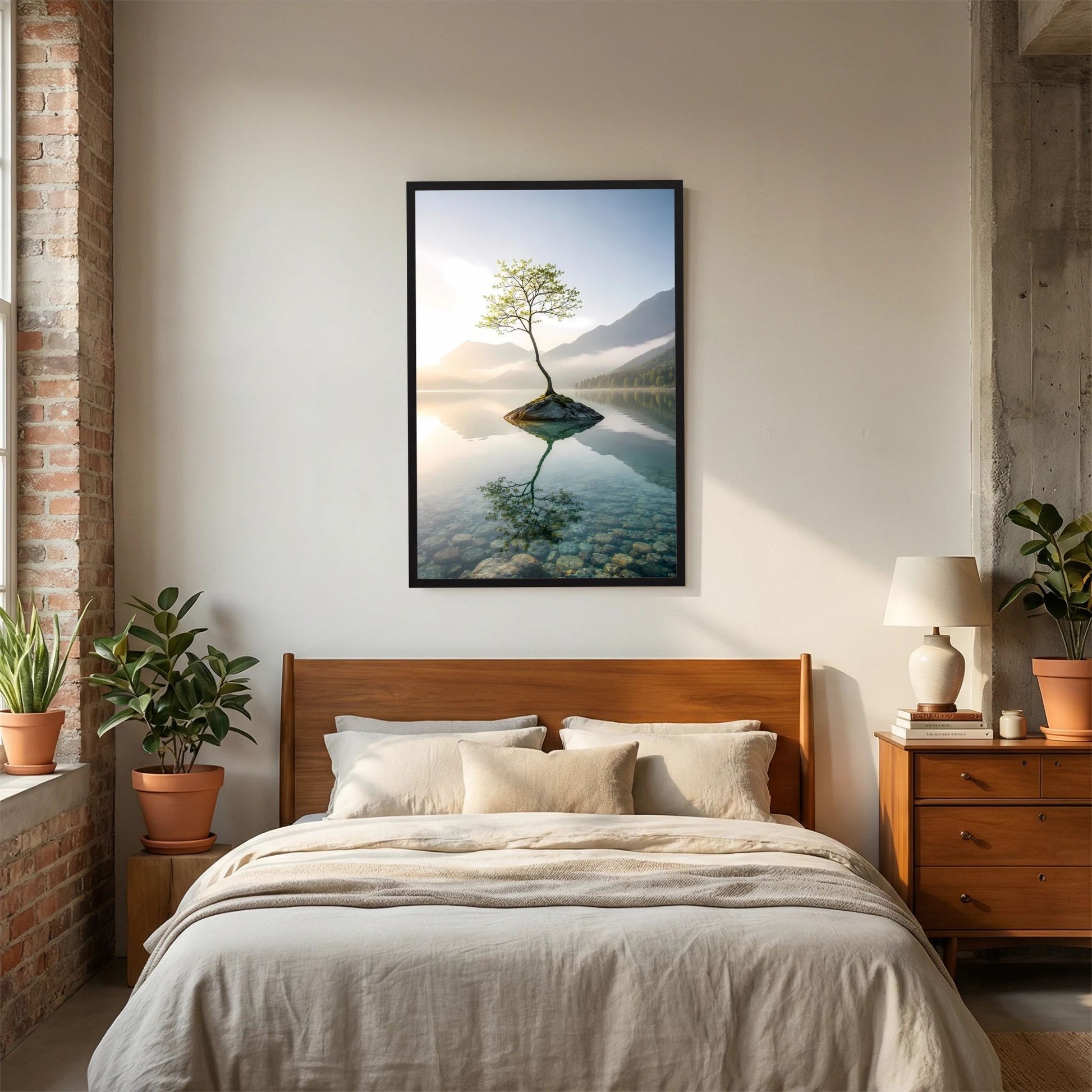 Einsamer Baum im Bergsee | Minimalistische Natur mit Spiegelung | Poster Hochformat